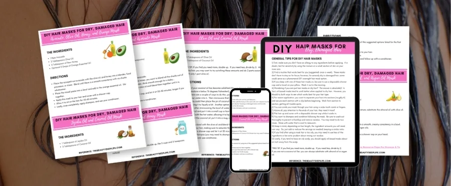 DIY hair recipe guide for dry or damaged hair over an image of long wet hair