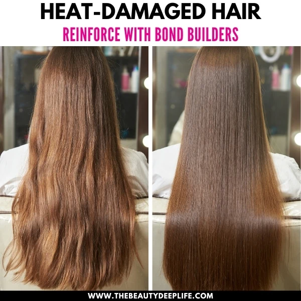 woman's heat damaged hair treatment before and after