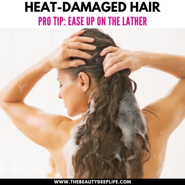 woman shampooing her heat damaged hair