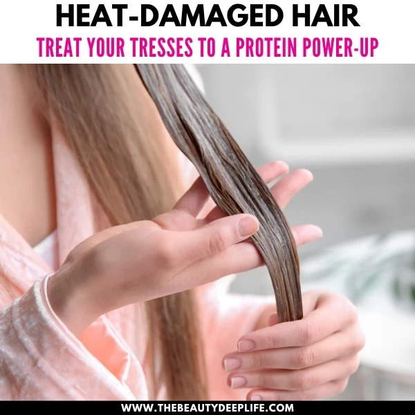 woman using a protein treatment on heat damaged hair