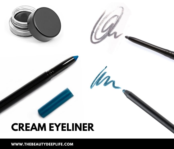 several types of cream eyeliner with on in a pot and three cream eyeliner pencils