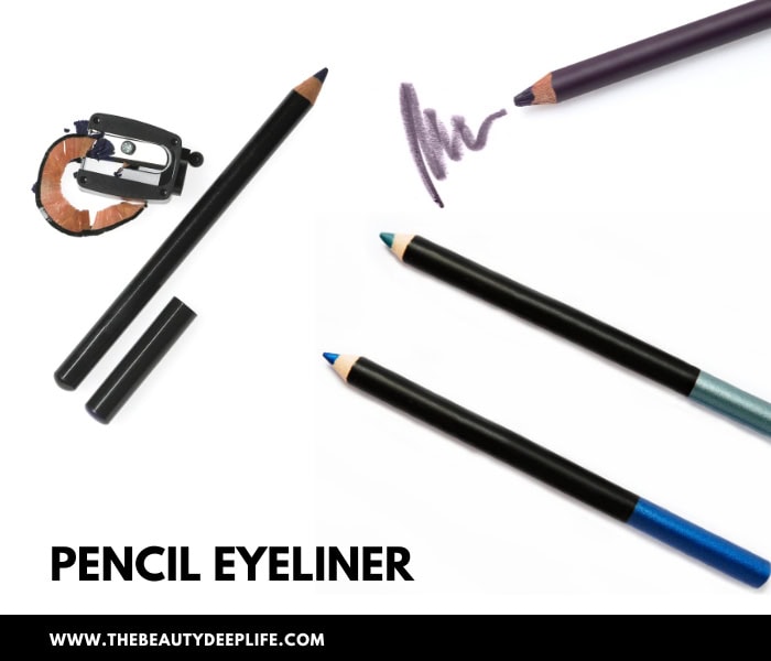 four pencil eyeliners and a pencil liner sharpener