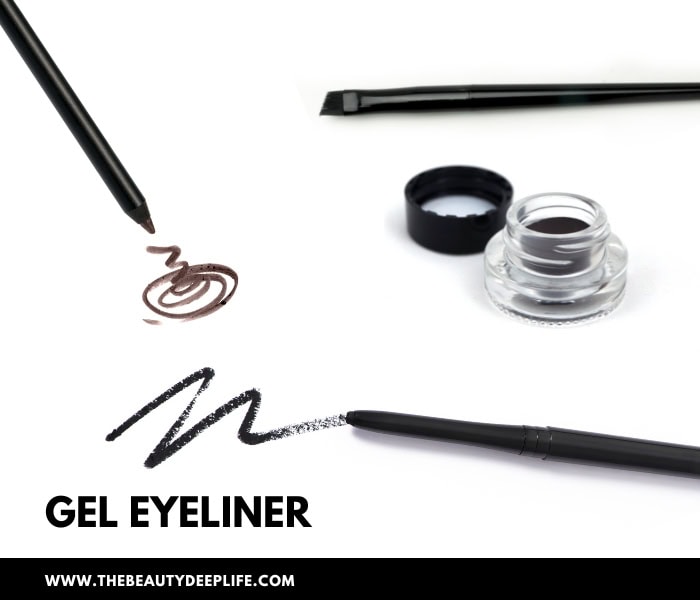 differnet gel eyeliner types with two gel pencils, angled eyeliner brush, and gel eyeliner in a pot