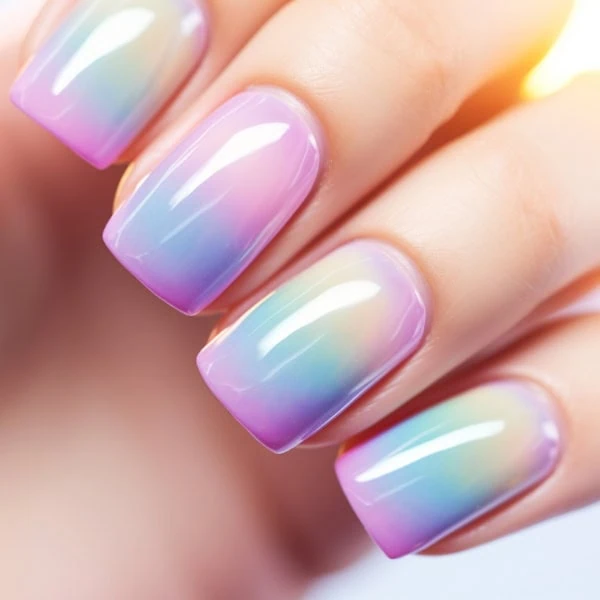 female hand with colorful ombre nail design