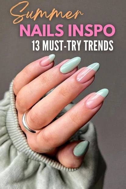 female hand with mint green nail designs