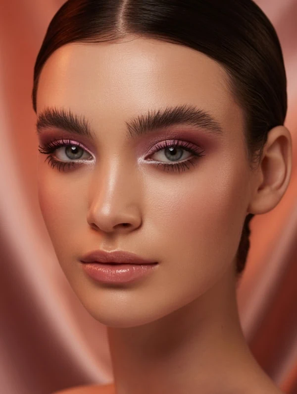 Elegant woman with flawless skin, pink and mauve eyeshadow for a Christmas makeup look