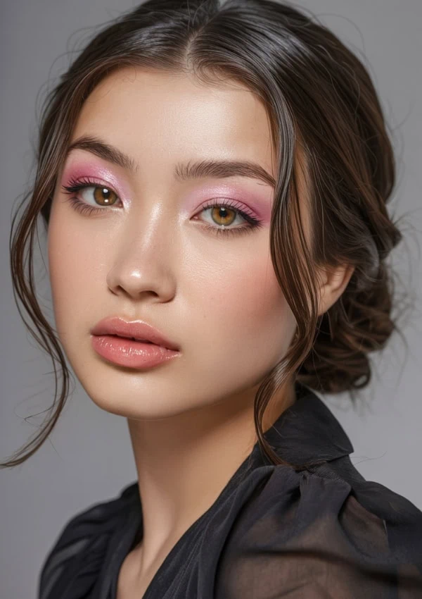 Natural beauty, makeup, skincare, and fashion portrait of young woman with flawless skin, soft pink eyeshadow, glossy lips, and elegant hairstyle for beauty and Valentine's makeup ideas.