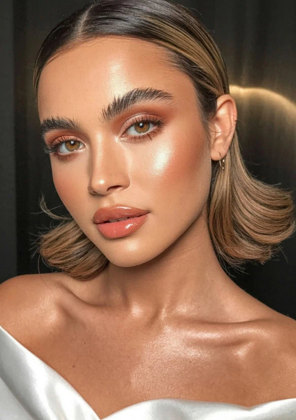 Glamorous young woman with flawless makeup, highlighted skin, and stylish hairstyle, showcasing beauty and skincare tips for radiant skin and modern beauty Valentines day trends.