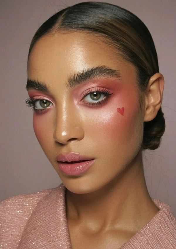 woman with soft pink eyeshadow, rosy blush, and a small heart detail on her cheek for valentine’s day makeup idea.