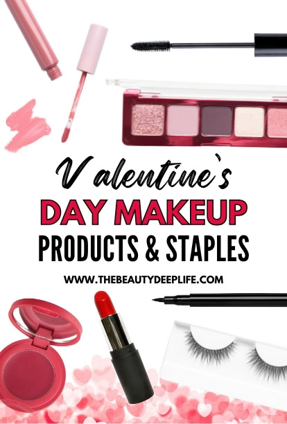 red lipstick mascara wand liquid eyeliner false lashes and other makeup items with text overlay valentine's day makeup products and staples