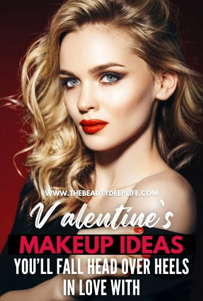 beautiful woman with dramatic glam makeup for valentines day featuring a bold red lipstick and smokey eyes