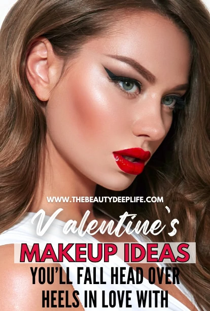 woman with winged eyeliner and red lipstick for Valentine's day makeup example