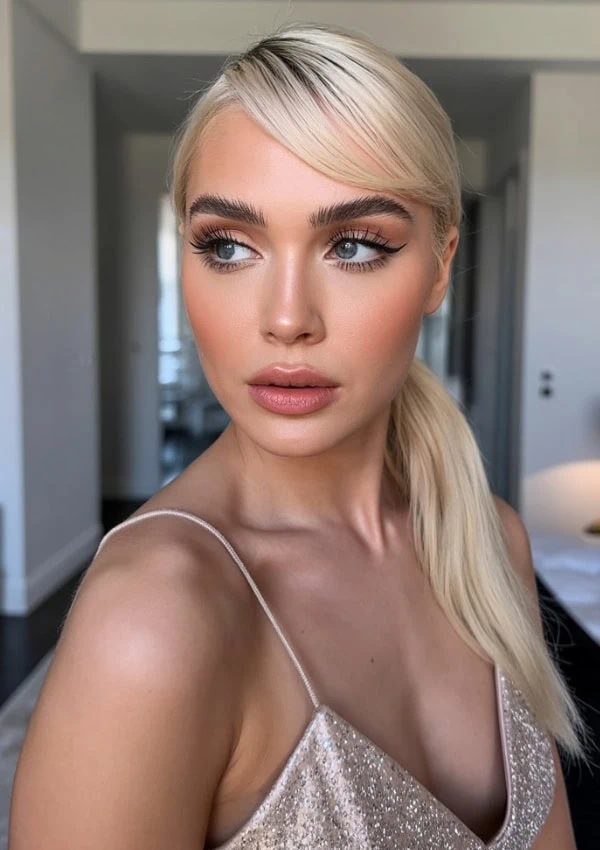 woman with soft warm-toned eye makeup, fluttery lashes, and nude glossy lips for valentine’s day makeup idea