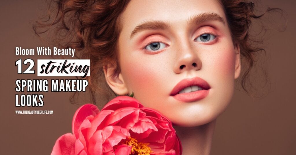 young woman with a stunning spring makeup looks in coral for her eyes, cheeks, and lips