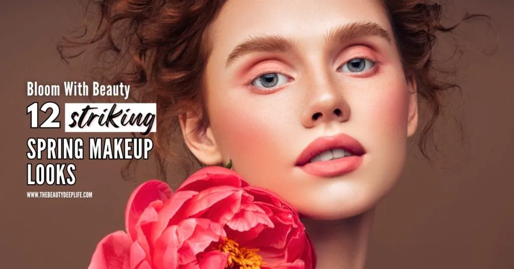 young woman with a stunning spring makeup looks in coral for her eyes, cheeks, and lips