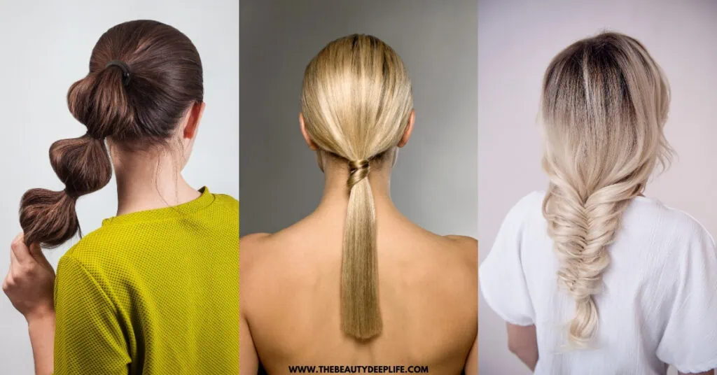 three women in a row, two with ponytails and one with a fishtail for date night beauty and hair ideas