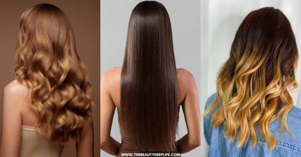 three woman one with curly hair, straight hair and wavy hair