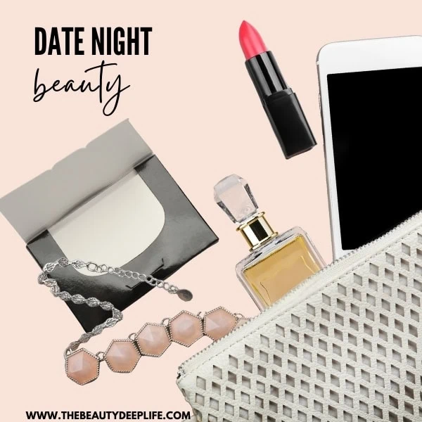 purse with cell phone, perfume, lipstick, blotting papers and a bracelet for date night