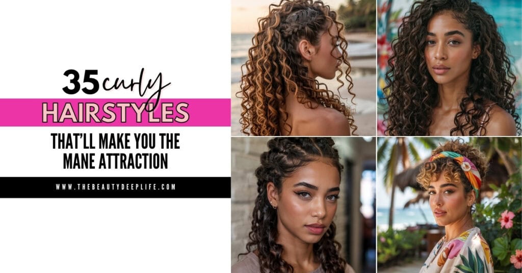 four women with different curly hairstyles and text overlay 35 curly hairstyles that'll make you the mane attraction