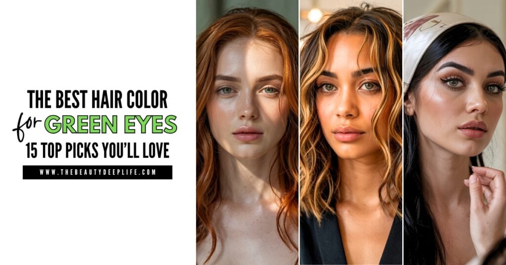 three women with green eyes and different hair one with black another with honey blonde and the third with copper red color
