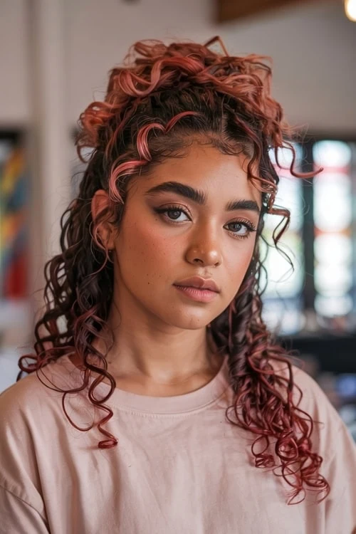 young woman with curly hair that's partly up and down