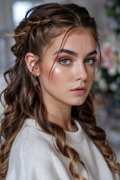 woman with formal hairstyle with bouncy curls and french braids