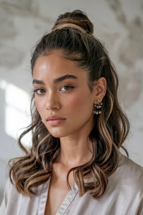 woman with a half-up half-down hairstyle with loose curls and a wrap around bun