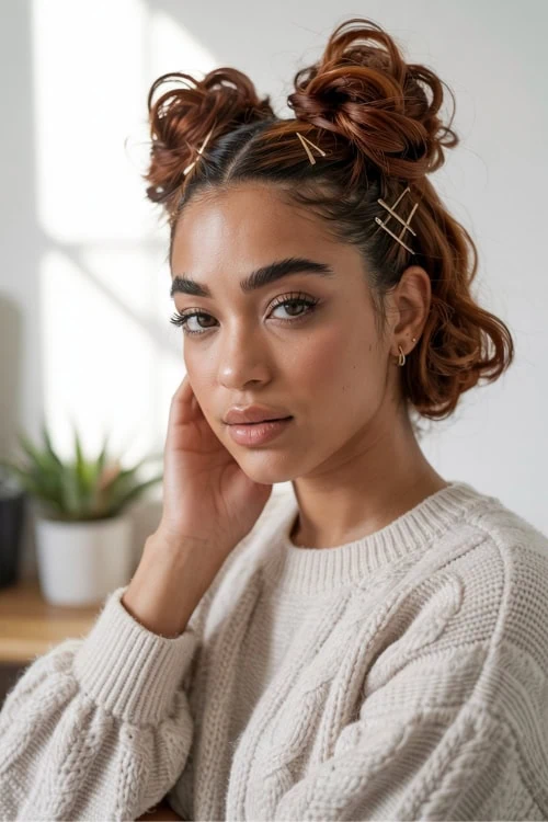 young woman with space buns hairstyle