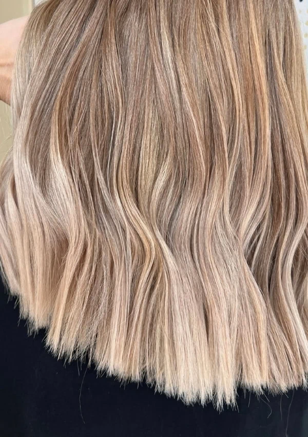the back of a woman's head with sandy blonde hair color