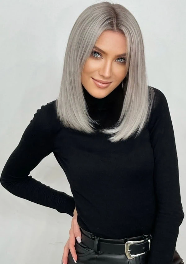 woman with mid length silver blonde hair color