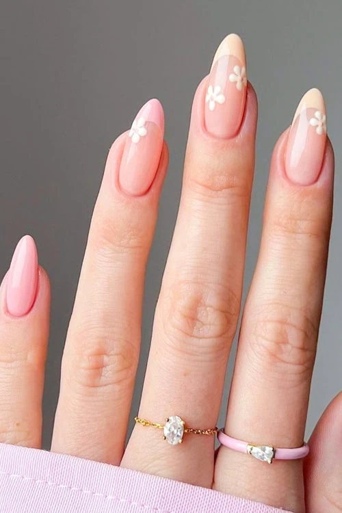 female hand with simple nails idea featuring flowers and pastel colors