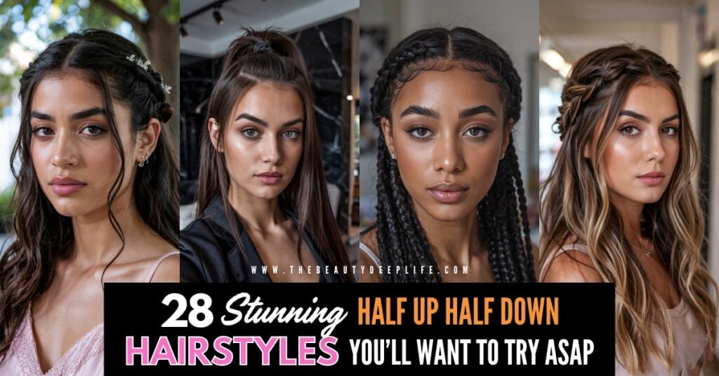 four women with their hair in half up and half down hairstyles
