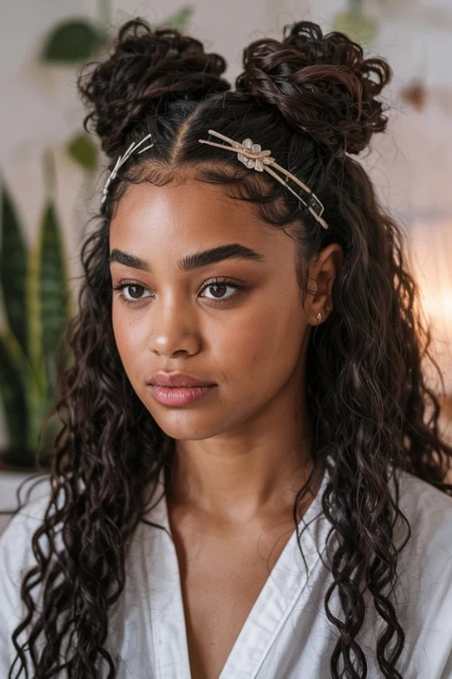 young woman with a half up and down hairstyle for curly hair