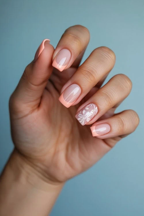 peahc nails with hibiscus nail art