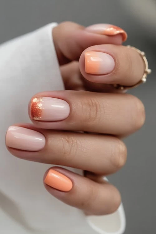 hand with ombré peachy-orange tips,  metallic copper accents, and peach nails