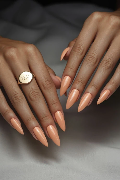 hand with glossy stiletto peach nails