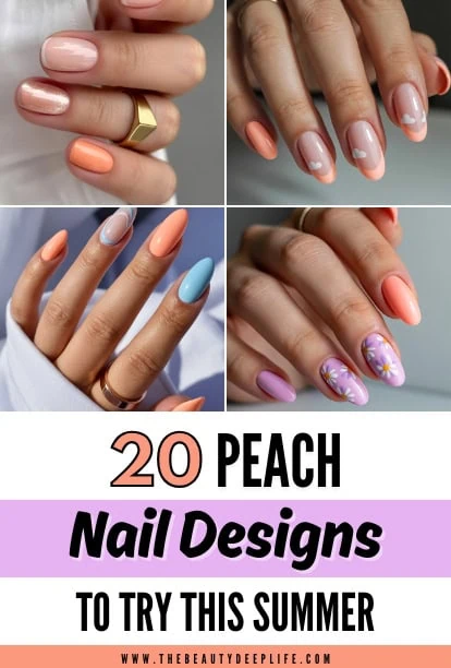 several hands with peach nail designs