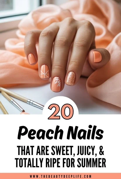 hand with peachy orange nails design with brushes and peach fabric