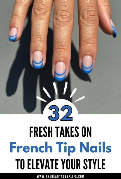 Hand with blue french tip nails