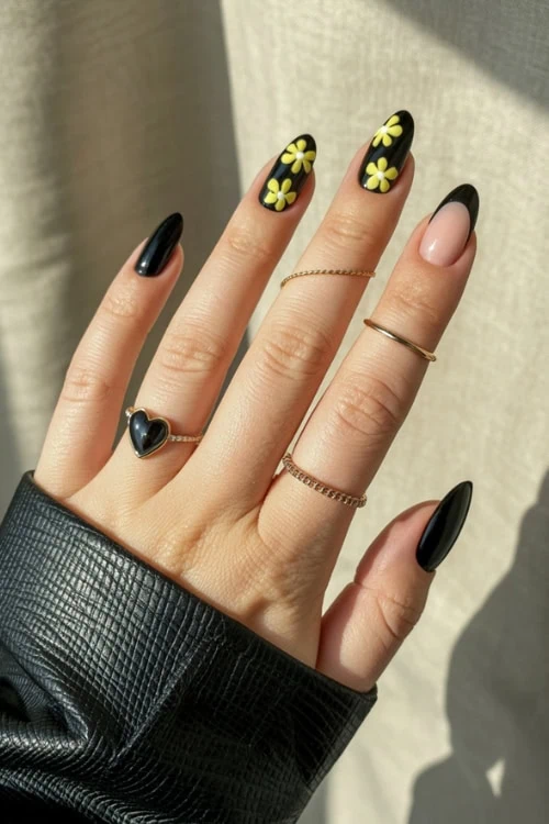 female hand with Black and Yellow Nails Design