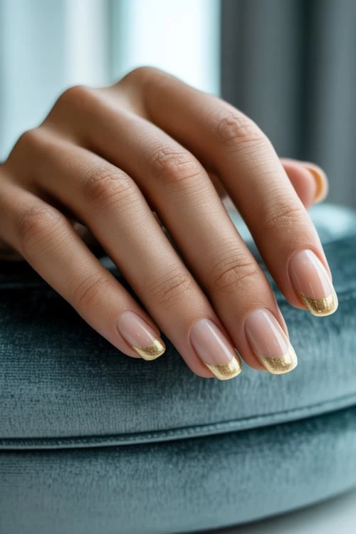 hand with gold french tip nails