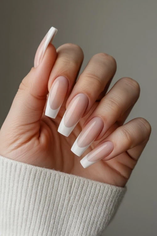 hand with long coffin nails as a french manicure