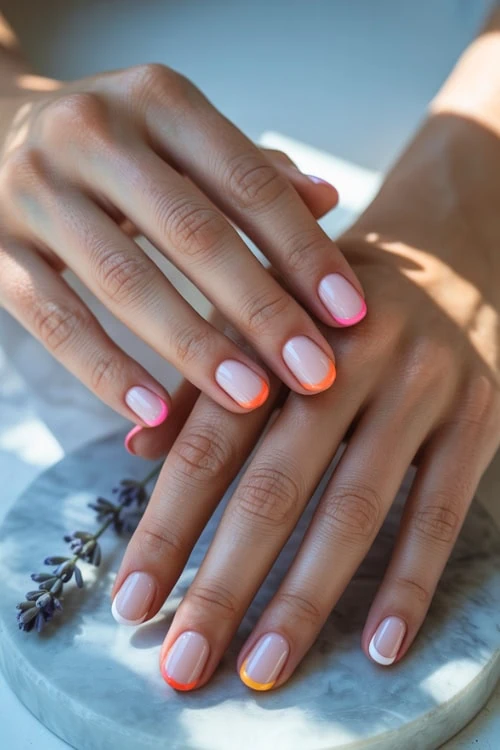 hands with neon and white french tip nails