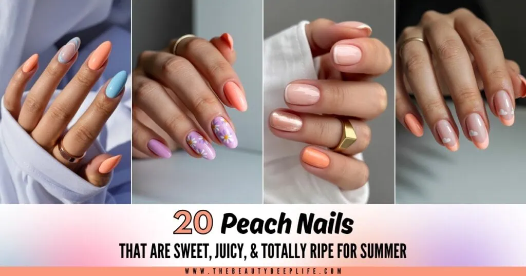 four hands with manicure and text overlay - Peach Nails That Are Sweet, Juicy, & Totally Ripe For Summer