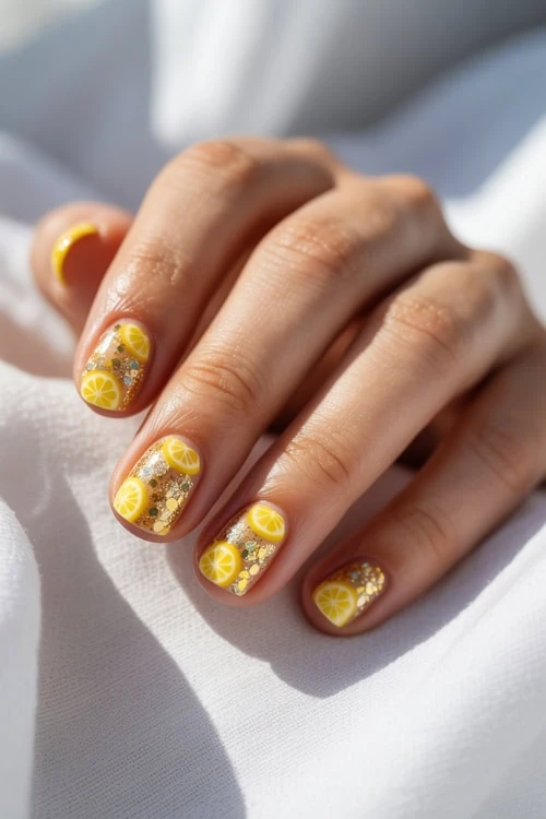 female hand with a Short Yellow Nails Design with Lemons
