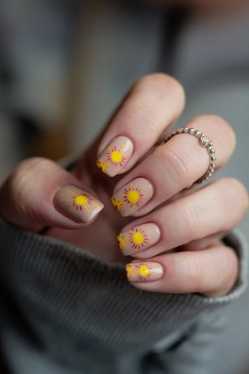 hand with Yellow Sun Nails Design