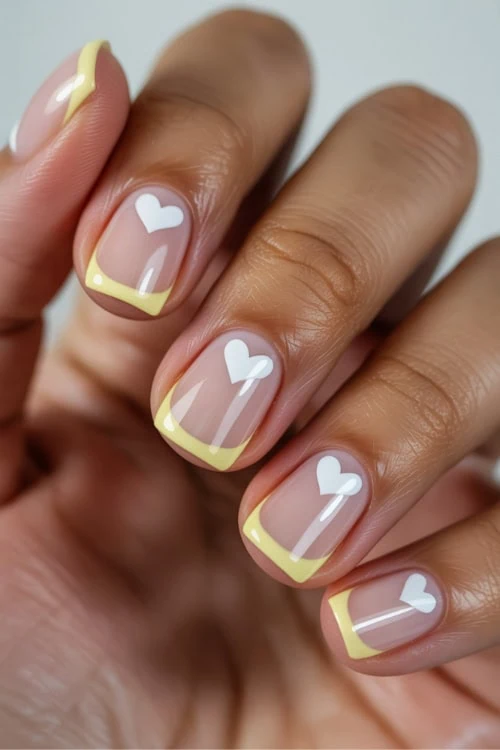 female hand with Yellow and white heart Nails Design