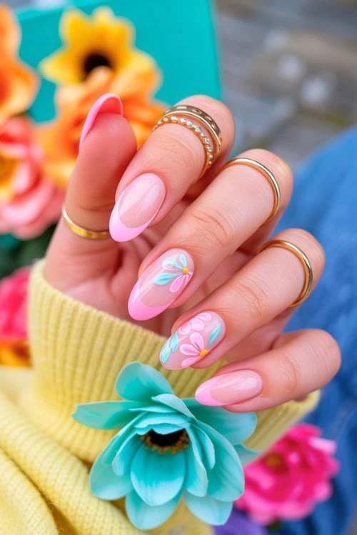 hand with almond nails and pink and turquoise designs