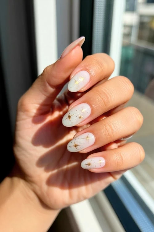 hand with almond nails painted milky white with gold stars