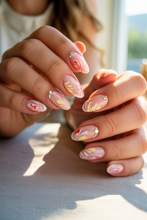 hands with almond nails with floral design and rhinestones
